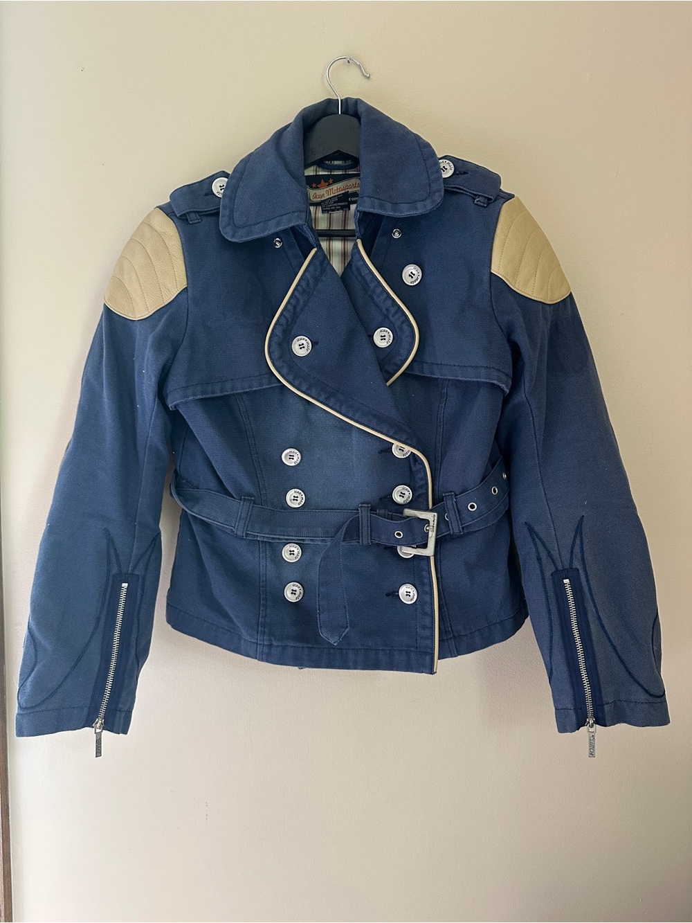 Women's Navy Double-Breasted Trench Coat with Cream Shoulder Accents